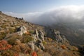 Rocks, fog in autumn Crimea mountains. Landscape.