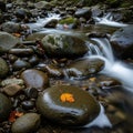 Rocks form the bed of a gently flowing stream captured in a long Royalty Free Stock Photo