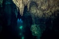 Rocks formation in an underwater cave with a silhouette view of scuba divers in the background Royalty Free Stock Photo