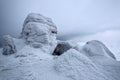 Rocks frozen with interesting textured frost and snow as if it is a giant in fairytale world. Beautiful landscape.