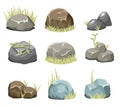 Rocks with grass, stones and green grass on white