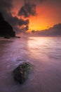 Rocks and Green Moss at Sunrise on a Beach