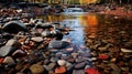 Soothing Landscapes: Photo-realistic River With Rocks And Fall Leaves