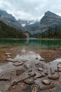 Rocks and logs in the clear alpine water of Lake O`Hara high in the Canadian Rockies with cabins and mountains in the overcast bac Royalty Free Stock Photo