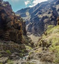 Rocks in the Masca gorge, Tenerife, showing solidified volcanic lava flow layers and arch formation. The ravine or barranco leads Royalty Free Stock Photo