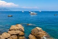 Rocks and Mediterranean sea in Portofino.