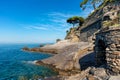 Rocks and Mediterranean sea in Recco, Italy. Royalty Free Stock Photo