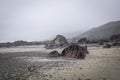 Rocks on misty beach,stunning british coast.