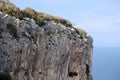 Rocks with mountain vegetation on top and calm sea far and down on horizon line on bright sunny day Royalty Free Stock Photo