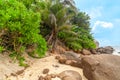 Rocks and palm trees by the sea in Anse Consolation