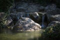 Rocks in a creek in front of a waterfall.