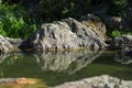 Rocks in a creek reflected in the water.