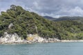 Rocks, sand beach and lush vegetation at Frenchman bay, Abel Tasman park , New Zealand