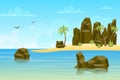 Rocks by sea landscape background in flat style. Rocky mountains at seashore or ocean water, palm trees, flying birds, wilderness Royalty Free Stock Photo
