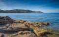 Rocks and sea overlooking La Revellata lighthouse in Corsica Royalty Free Stock Photo