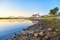 Rocks on the side of Volga river on sunrise in Rybinsk