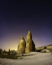 Rocks and the sky with stars. Cappadocia, Turkey. View of the rocks at night. Landscape in the summertime. UNESCO heritage. Royalty Free Stock Photo