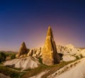 Rocks and the sky with stars. Cappadocia, Turkey. View of the rocks at night. Landscape in the summertime. Royalty Free Stock Photo