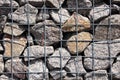 Rocks in solid metal grid wall closeup