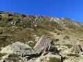 Rocks and stones in the autumn Alpine environment of the Albula Alps and above the Swiss mountain road pass Fluela