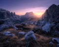 Rocks and stones at colorful sunset in autumn in Dolomites, Italy