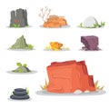 Rocks and stones elements collection set. Vector illustration of solid materials. Cartoon stones in different colors. Royalty Free Stock Photo