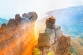 Rocks and Stones of Mountain with rays of sun and aerial view seaside