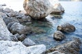 Rocks and stones in the sea. Sea stones. Rough stone surface texture Royalty Free Stock Photo