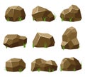 Rocks and stones set with grass on white background. Stones and rocks in isometric 3d flat style. Set different shapes Royalty Free Stock Photo