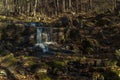 Rocks in the stream bed are covered with mosses. A waterfall in the forest. Royalty Free Stock Photo