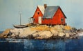 Red Cabin perched on a rocky shore bordering a calm harbor Royalty Free Stock Photo