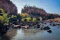 Rocks and trees blocking the river at Katherine Gorge Royalty Free Stock Photo