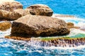 Big rocks washed by water on Northern Mediterranean Sea Coast in Rosh Hanikra, Israel Royalty Free Stock Photo