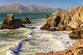 Rocks, Waves And Bridge Golden Gate