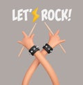 Rockstar drummer with horn sign drumsticks music vector illustration. 3d cartoon ui hero rock or heavy metal hands sign