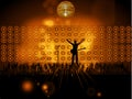 Rockstar with guitar and microphone on stage with wall speakers Royalty Free Stock Photo