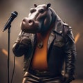 A rockstar hippo in leather pants and a microphone, belting out a hit song4