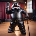 A rockstar hippo in leather pants and a microphone, belting out a hit song5