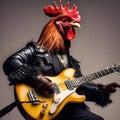 A rockstar rooster with wild feathers, strumming an electric guitar1