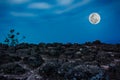 Rocky against blue sky and beautiful full moon at night. Outdoor Royalty Free Stock Photo