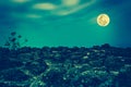 Rocky against blue sky and beautiful full moon at night. Outdoor Royalty Free Stock Photo