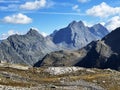 Rocky alpine peaks UnghÃÂ¼rhÃÂ¶rner or Unghuerhoerner 2994 m and Vorderes Plattenhorn 3217 m in the Silvretta Alps mountain Royalty Free Stock Photo