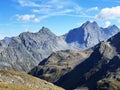 Rocky alpine peaks UnghÃÂ¼rhÃÂ¶rner or Unghuerhoerner 2994 m and Vorderes Plattenhorn 3217 m in the Silvretta Alps mountain Royalty Free Stock Photo