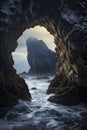 rocky archway with a view of the deep blue ocean and a large, pointed rock formation, under a slightly cloudy sky. ai generative Royalty Free Stock Photo