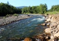 The rocky bank of a small turbulent river flowing down from the mountains through the coniferous forest