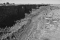 Rocky banks Malad River Devil`s Washbowl Malad Gorge Hagerman Idaho horizontal monochrome, black and white, wide angle