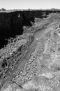 Rocky banks Malad River Devil`s Washbowl Malad Gorge Hagerman Idaho vertical monochrome, black and white