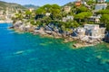 Rocky bay in Camogli, Italy. Aerial view on Adriatic seaside, liguria