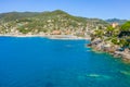 Rocky bay in Camogli, Italy. Aerial view on Adriatic seaside, liguria