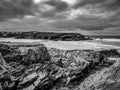 The rocky beach of Bedruthan Steps in Cornwall - an amazing landmark at the Cornish Coast Royalty Free Stock Photo